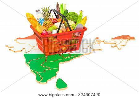 Market Basket Or Purchasing Power In India Concept. Shopping Basket With Indian Map, 3d Rendering Is