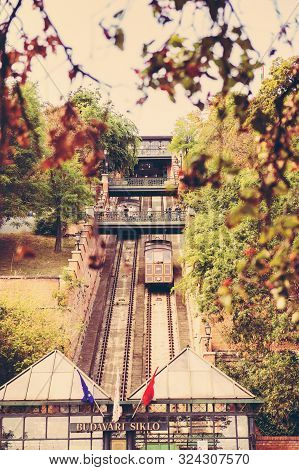 Budapest, Hungary - September 2019: Old Funicular Railway In The City Budapest Castle Hill Funicular
