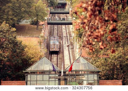 Budapest, Hungary - September 2019: Old Funicular Railway In The City Budapest Castle Hill Funicular