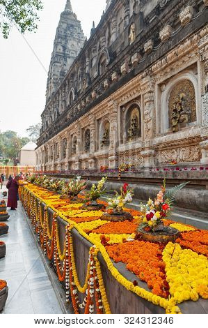 Garlands With Flowers And Festive Bouquets At Mahabodhi Temple, In Commemoration Of Day Of An Enligh