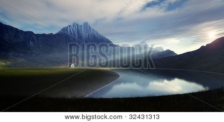 An image of a lonely house at the lake
