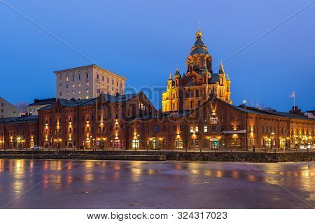 Helsinki, Finland- 28 February 2015: View Of Old Red Brick Buildings On The Waterfront. Night City I