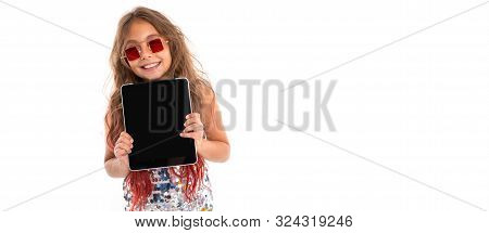 Panorama Of Smiling Girl In Sparkling Dress And Stylish Square Red Sunglasses Holding Black Tablet I