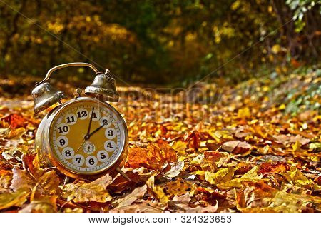 Passing Of Time And Season Change Conceptual Photo With Vintage Alarm Clock In Colorful Autumn Leave