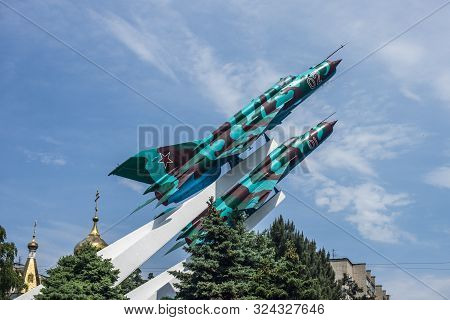 Krasnodar, Russia - May 9, 2019. Monument In Krasnodar Two Mig 21 Defenders Of The Kuban Sky