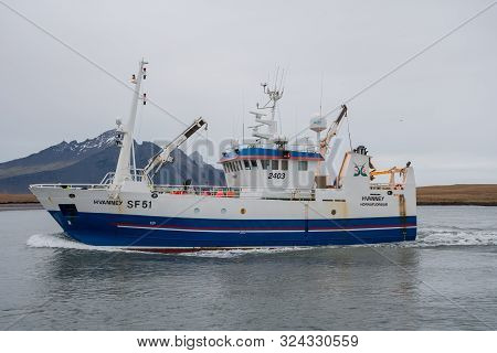 Hornafjordur Iceland - January 12. 2019: Fishing Vessel Hvanney Entering Port Of Hornafjordur