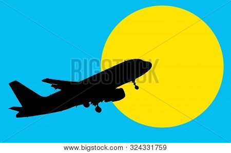 Silhouette Of The Plane In The Blue Sky Against The Background Of The Yellow Sun.