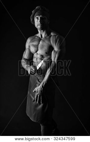 He Is A Mean Cook. Professional Master Cook On Black Background. Man Cook With Muscular Torso Wearin