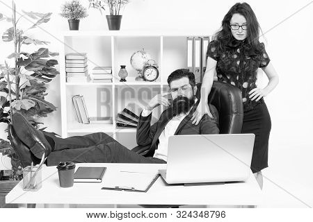 Business People And Office Staff. Sexy Secretary Personal Assistant. Typical Office Life. Man Bearde