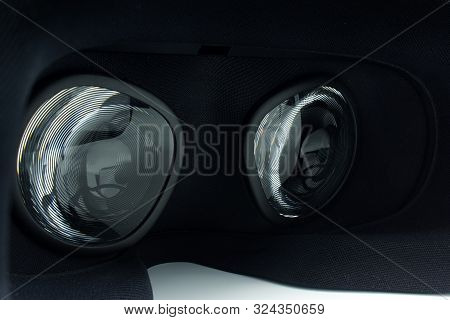 Closeup Of Fresnel Lenses On A Black Virtual Reality Headset.