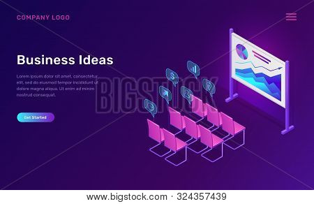Business Training Or Ideas Isometric Concept Vector Illustration. Empty Class For Corporate Seminar,