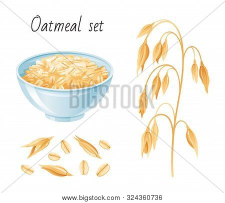 Oat Meal Set. Bowl, Oatmeal Ear Flake. Breakfast Cup With Oat Grain Porridge, Muesli, Seed. 3d Reali