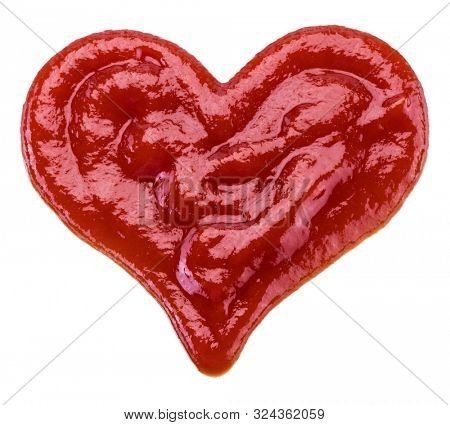 Set of ketchup puddles and ketchup splashes isolated on white background.