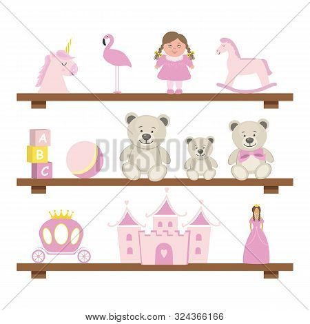 Shelves With Toys. Pink Toys For The Baby Girls. There Is A Doll, A Unicorn, A Rocking Horse, A Ball