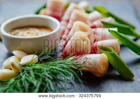 Traditional Ukrainian And Russian Snacks: Lard With Red Pepper, Lard With Black Pepper, Garlic, Onio
