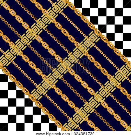 Seamless Vector Pattern With Golden Chains And Geometric Elements.