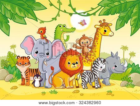African Landscape With Cute African Animals. Large Set Of Animals. Vector Illustration