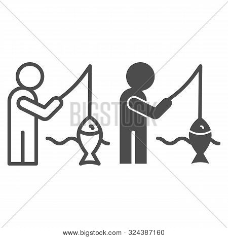 Fisheman And Catch Line And Glyph Icon. Fishing On The River Vector Illustration Isolated On White. 