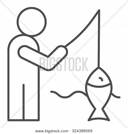 Fisheman And Catch Thin Line Icon. Fishing On The River Vector Illustration Isolated On White. Man W