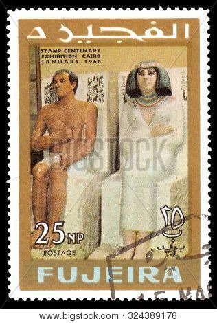 Fujeira - Circa 1966: A Stamp Printed In Fujeira Shows Rahotep And His Wife, Nofret With Inscription