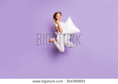 Full Size Photo Of Delighted Rejoicing Model Kid Jump Funny Funky Raise Fists Win Sleepover Party Pi