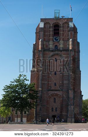 Leeuwarden, Netherlands, August 23, 2019: Image Leaning Tower Oldehove In Leeuwarden, Netherlands