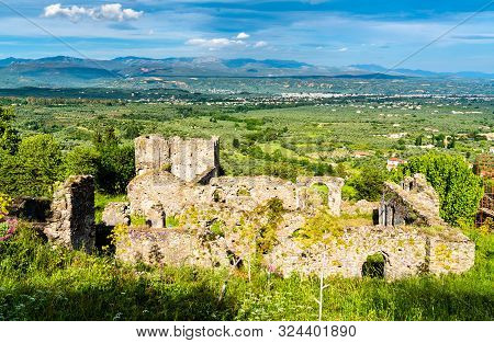 Ruins Of The Medieval Byzantine Fortified Town Of Mystras. Unesco World Heritage In Greece