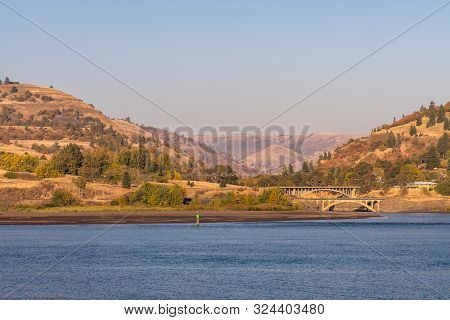 Bridges Over The Mouth Of The Klickitat River In The Columbia River Next To Lyle, Washington, Usa.