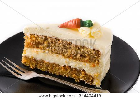 Sweet Carrot Cake Slice On A Plate Isolated On White Background
