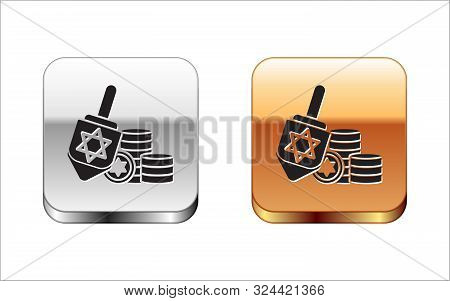 Black Hanukkah Dreidel And Coin Icon Isolated On White Background. Silver-gold Square Button. Vector