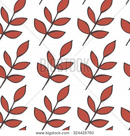 Seamless Background Pattern With Leaf, Plants, Flowers, Berries. Hand Draw Botanic Vector Stock Illu