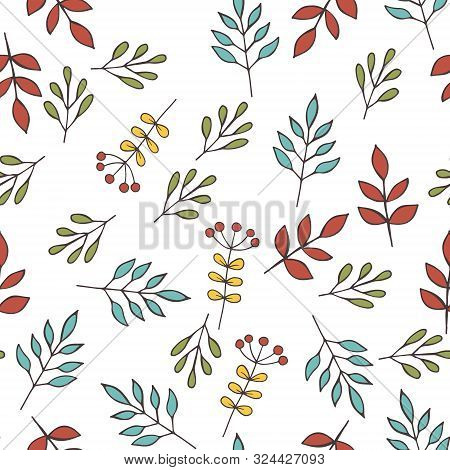 Seamless Background Pattern With Leaf, Plants, Flowers, Berries. Hand Draw Botanic Vector Stock Illu
