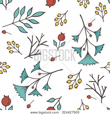 Seamless Background Pattern With Leaf, Plants, Flowers, Berries. Hand Draw Botanic Vector Stock Illu