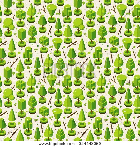 Isometric Vector Bright Tree Set In Seamless Pattern. Landscape Constructor Kit. Different Trees For