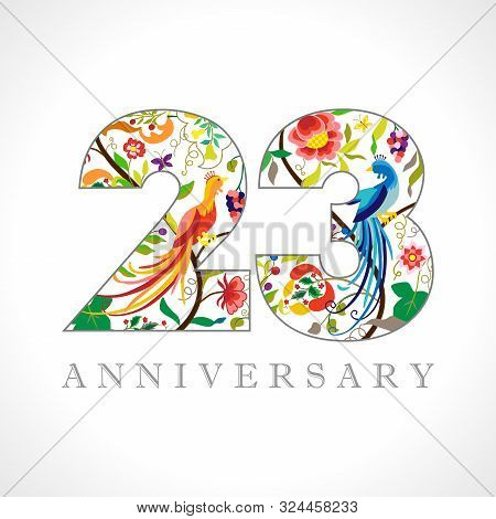 23 Years Old Logotype. 23 Rd Anniversary Numbers. Decorative Symbol. Age Congrats With Peacock Birds