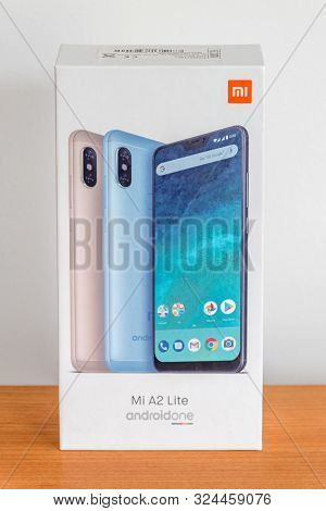 Pruszcz Gdanski, Poland - June 10, 2019: Paper Box Of Mobile Phone Xiaomi Mi A2 Lite.