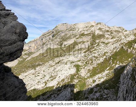 Mutteristock Mountain Above The Wagital Valley (waegital Or Wägital) And Alpine Lake Wagitalersee (w