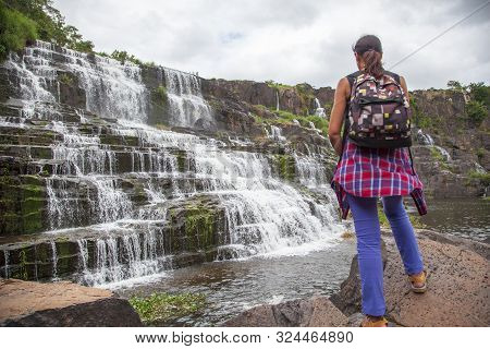 Dalat, Lamdong Province, Pongur Cascade Waterfall, Vietnam, Girl Admires A Waterfall