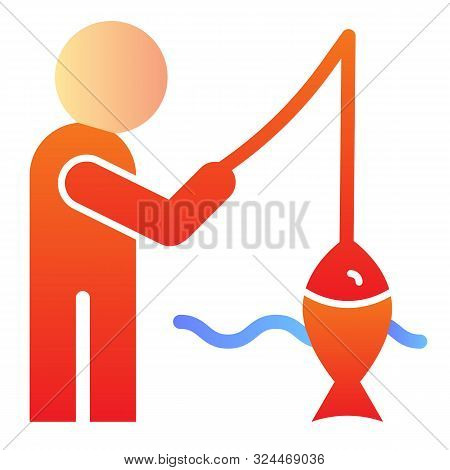 Fisheman And Catch Flat Icon. Fishing On The River Color Icons In Trendy Flat Style. Man With Fish G