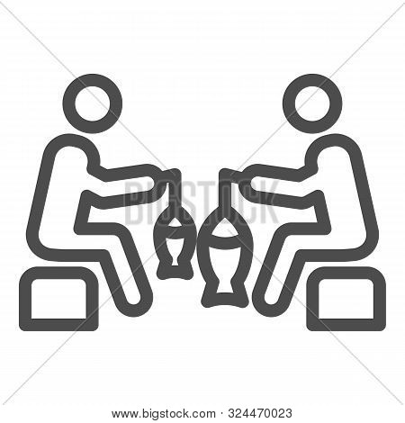 Two Fishemen Line Icon. Fishing Sport Vector Illustration Isolated On White. Fisherman Competition O
