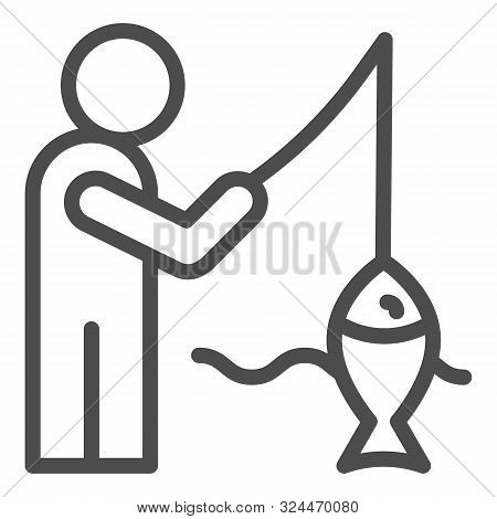Fisheman And Catch Line Icon. Fishing On The River Vector Illustration Isolated On White. Man With F