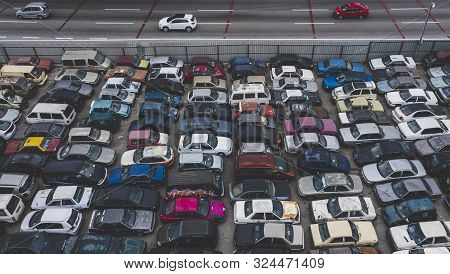 Top View Of Cars At Junkyard