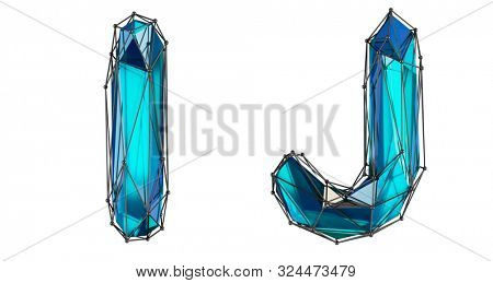 Letter set I, J made of realistic 3d render blue color. Collection of low polly style alphabet isolated on white background