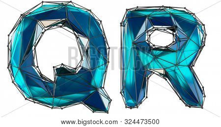 Letter set Q, R made of realistic 3d render blue color. Collection of low polly style alphabet isolated on white background