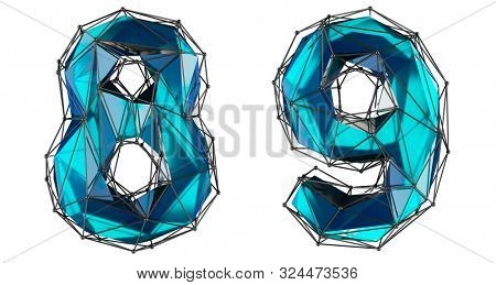 Number set 8, 9 made of realistic 3d render blue color. Collection of low polly style symbol isolated on white background