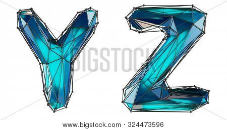 Letter set Y, Z made of realistic 3d render blue color. Collection of low polly style alphabet isolated on white background