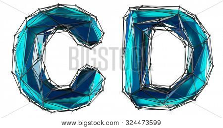 Letter set C, D made of realistic 3d render blue color. Collection of low polly style alphabet isolated on white background