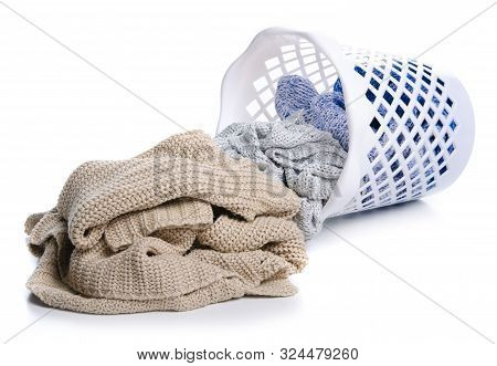 Bin With Clothing On White Background Isolation