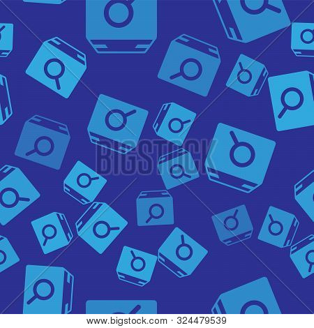 Blue Search Package Icon Isolated Seamless Pattern On Blue Background. Parcel Tracking Symbol. Magni