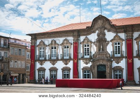 Braga, Portugal - May 23, 2018: View Of Braga Town Hall Decorated For Braga Romana City Day On A Spr